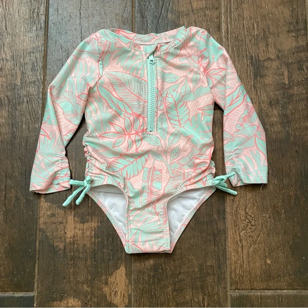 Cat & Jack Toddler Girl Rash Guard Swimsuit 18M Mint & Pink